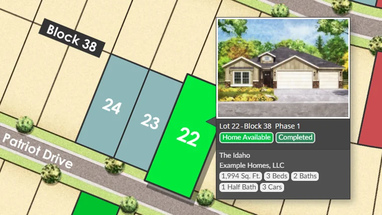 PlatWidget lot summary view showing sales status, construction progress, and lot details
