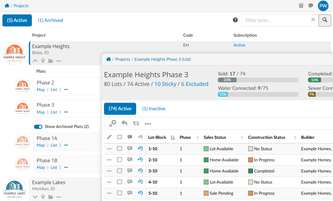 PlatWidget admin dashboard listing active plat map projects and lot inventory
